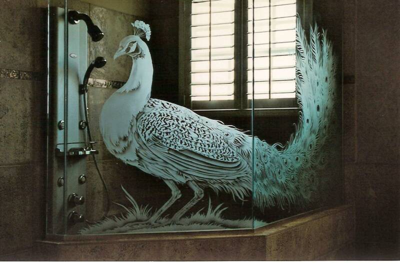 Etched shower with peacock design